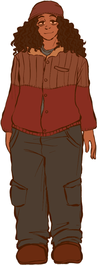 A drawing of a man with tan skin wearing a red beanie, red and brown button-up sweater, dark grey cargo pants, and brown clogs. His hair is styled in dark thickly-clumped curls that reach his shoulders. He has a tired, relaxed expression on his face.